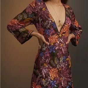 Anthropologie V Neck Sequin Mini Dress